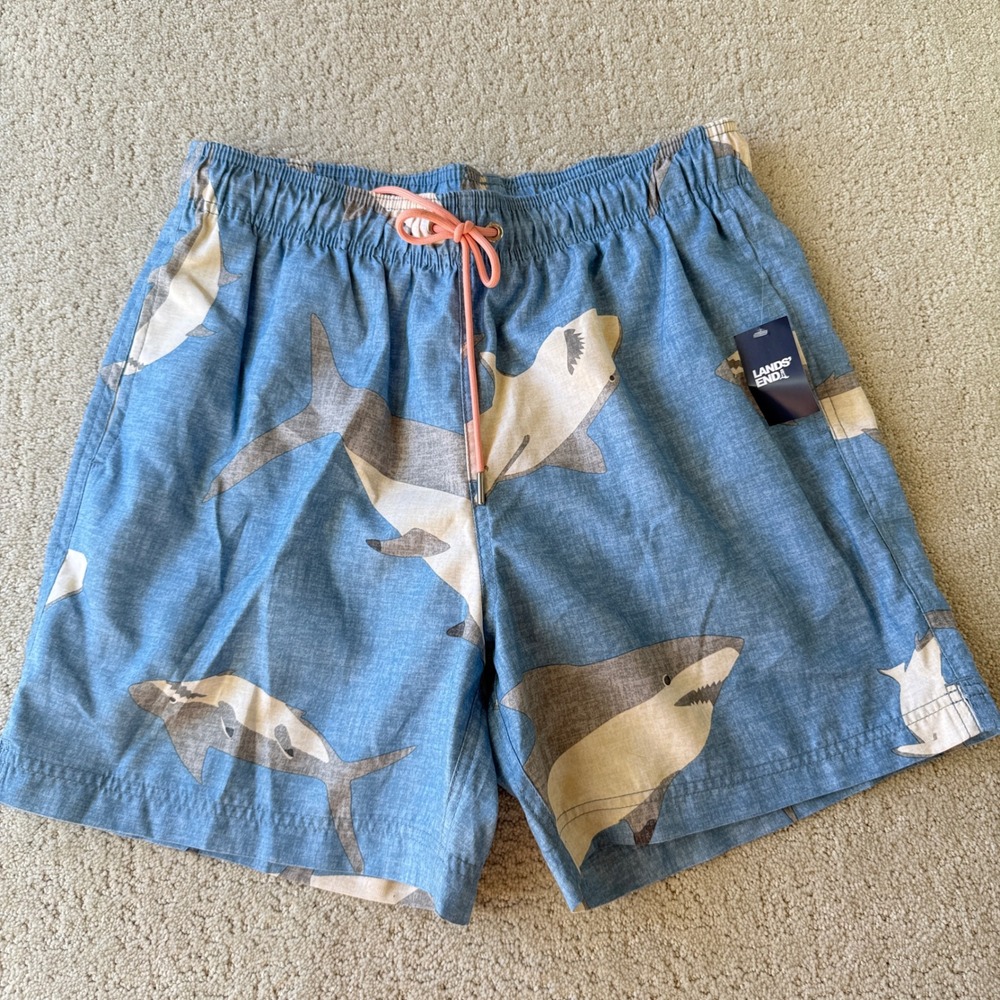 Lands' End Volley Swim Trunks Mens M Blue Shark Print 6" Inseam UPF 50